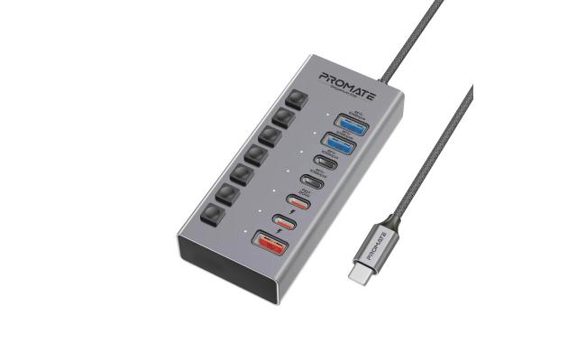 Promate GegaHub-10G 7-in-1 USB-C multiport Hub, Dual USB-C and USB-A ports with 10Gbps Date Transfer, Fast charging USB-C and USB-A ports, 20W USB-C PD Porty